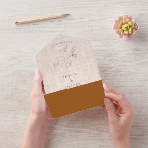 Minimale terracotta faux linen QR code bruiloft All In One Uitnodiging