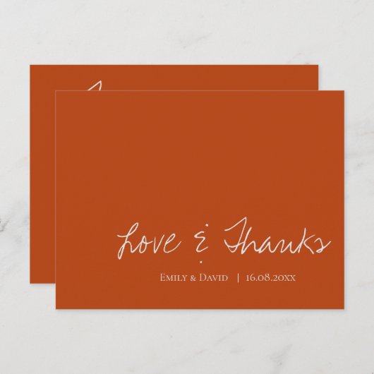 Minimale terracotta Rust Wedding Love and Bedankt Briefkaart (Voorkant / Achterkant)