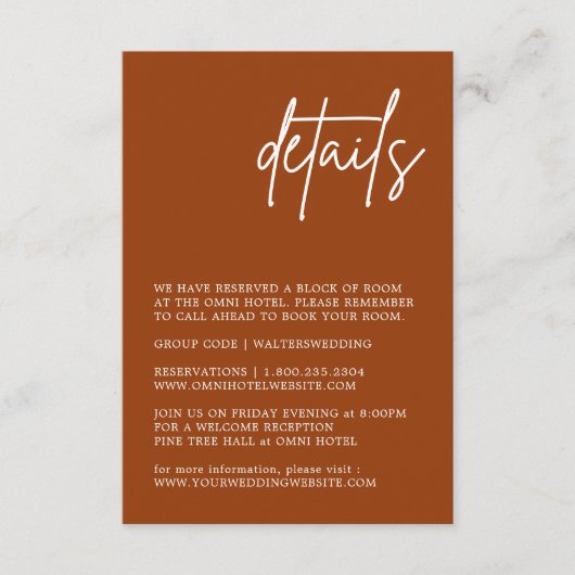 Minimale Terracotta Wedding Enclosure Card Informatiekaartje (Voorkant)