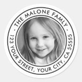 Minimale terugzendadres van witte familiefoto ronde sticker (Voorkant)