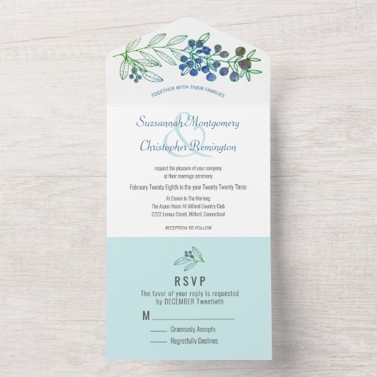 Minimale top-blauwe grens Berry Leaf Wedding All In One Uitnodiging (Binnen)
