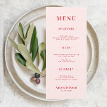 Minimale troebel roze en rode eenvoudige bruiloft menu<br><div class="desc">Dit volledig aanpasbare trouwmenu met een roze achtergrond en rode aangepaste tekst zou een geweldige aanvulling zijn op uw partij! Wijzig de tekst eenvoudig door op de optie "Deze sjabloon personaliseren" te klikken.</div>