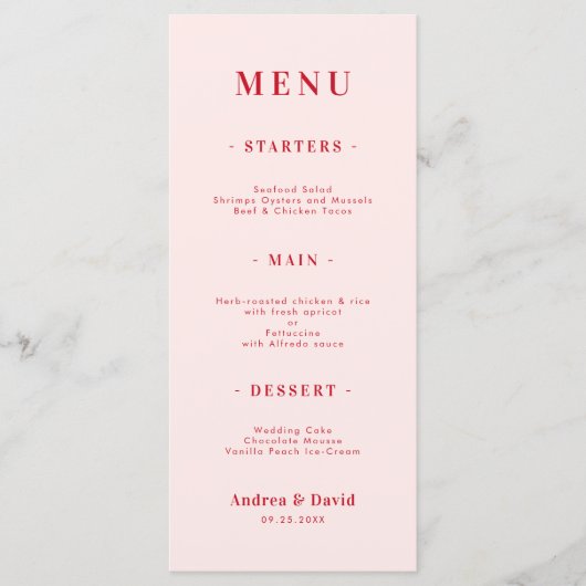 Minimale troebel roze en rode eenvoudige bruiloft menu (Voorkant)