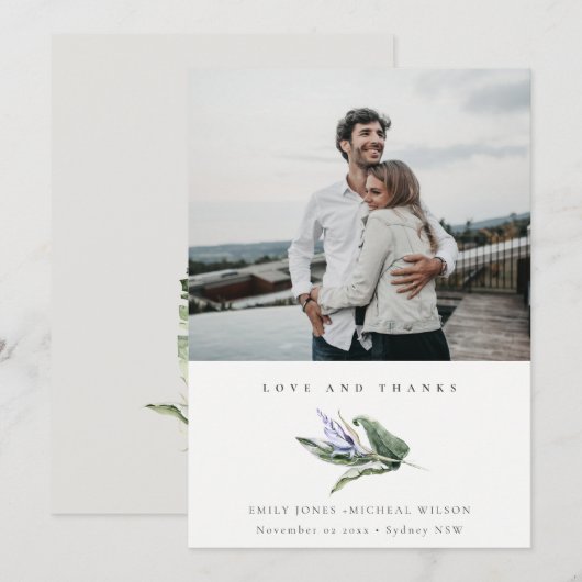 Minimale tropische bladblauw-Floral-fotobruiloft Bedankkaart (Voorkant / Achterkant)