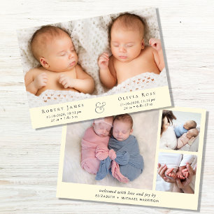 Minimale Twins Foto Yellow Birth Aankondiging