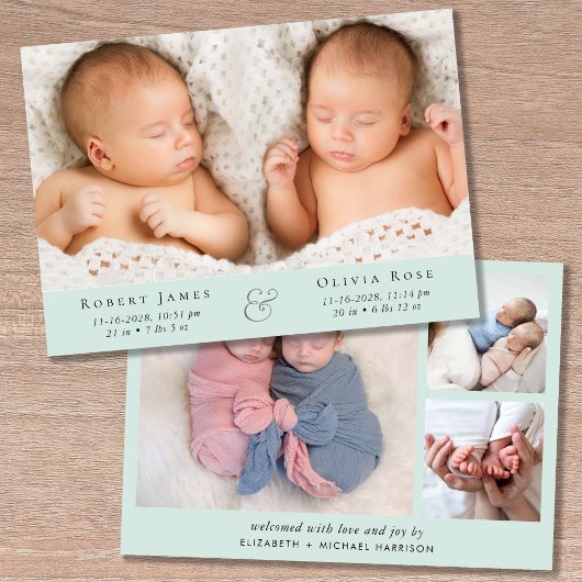 Minimale Twins Photo Collage Mint Green Aankondiging