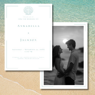 Minimale Typografie Aqua White Shell Fotobruiloft Kaart