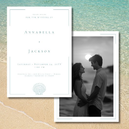 Minimale Typografie Aqua White Shell Fotobruiloft Kaart