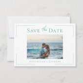 Minimale Typografie Aqua White Shell Fotobruiloft Save The Date (Voorkant)