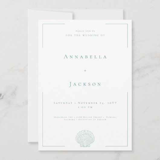 Minimale typografie Aqua & White Shell Wedding Kaart (Voorkant)
