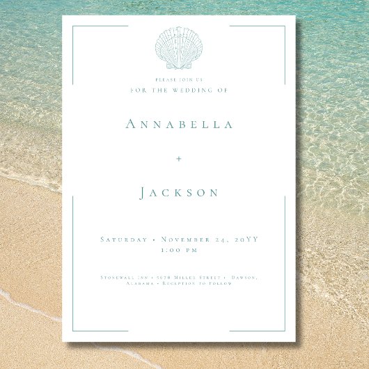 Minimale typografie Aqua & White Shell Wedding Kaart