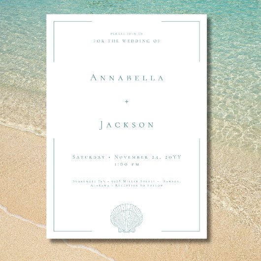 Minimale typografie Aqua & White Shell Wedding Kaart