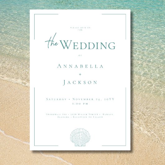 Minimale typografie Aqua & White Shell Wedding Kaart