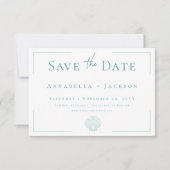 Minimale typografie Aqua & White Shell Wedding Save The Date (Voorkant)