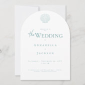 Minimale typografie Aqua Witte Schelp Foto Bruilof Kaart (Voorkant)