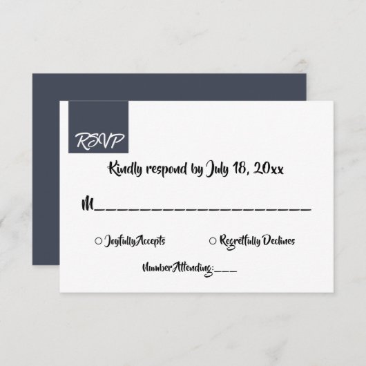 Minimale typografie donkerblauw beeld modern RSVP kaartje (Voorkant / Achterkant)