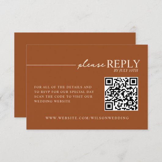 Minimale Typografie Earth Tone Terracotta QR RSVP (Voorkant / Achterkant)