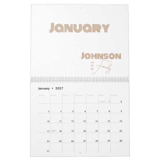 Minimale typografie familienaam kalender (Jan 2027)