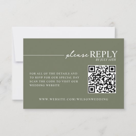 Minimale typografie saliegroene QR RSVP kaart (Voorkant)