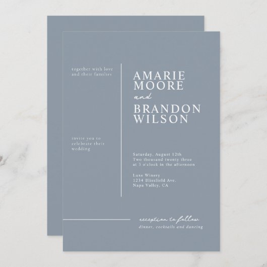 Minimale typografie Stofblauwe trouwuitnodiging Kaart (Voorkant / Achterkant)