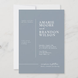 Minimale typografie stoffig blauwe trouwuitnodigin kaart