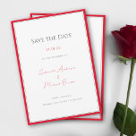 Minimale typografie Tijdloze elegantie Kersenrood Save The Date<br><div class="desc">Maak uw speciale dag bekend met onze "Save the Date"-kaarten in minimale typografie, tijdloze elegantie en kersenrood. Het ontwerp heeft een strakke kersenrode rand die verfijning en romantiek uitstraalt. De schone, minimalistische typografie voegt een moderne touch toe, zodat de focus op uw belangrijke details blijft. Deze combinatie van tijdloze elegantie...</div>