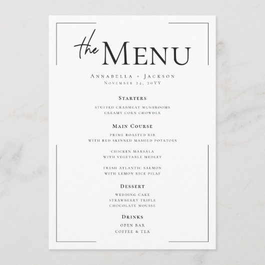 Minimale Typografie Zwart-wit bruiloft Menu (Voorkant)