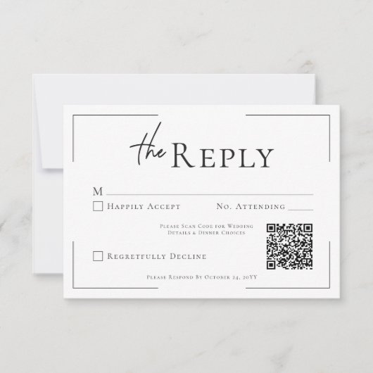 Minimale Typografie Zwart-wit bruiloft QR-code RSVP Kaartje (Voorkant)