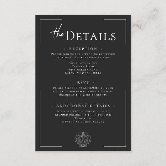 Minimale Typografie Zwart & Wit Shell Wedding Informatiekaartje (Voorkant)