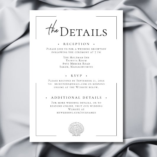 Minimale Typografie Zwart & Wit Shell Wedding Informatiekaartje