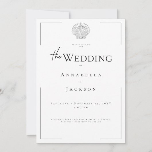 Minimale Typografie Zwart & Wit Shell Wedding Kaart (Voorkant)