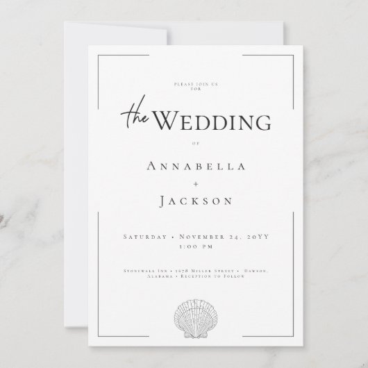 Minimale Typografie Zwart & Wit Shell Wedding Kaart (Voorkant)