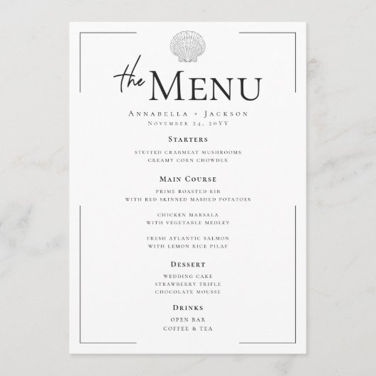 Minimale Typografie Zwart & Wit Zeeschelp Trouwen Menu (Voorkant)