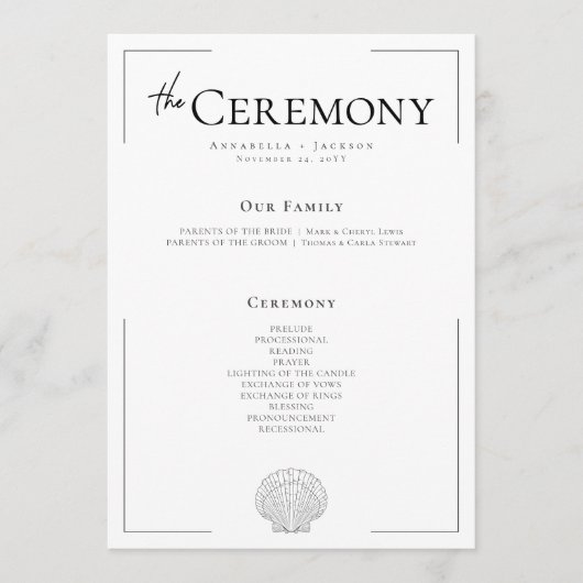 Minimale Typografie Zwart & Wit Zeeschelp Trouwen Programmakaart (Voorkant)