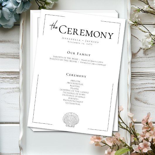Minimale Typografie Zwart & Wit Zeeschelp Trouwen Programmakaart