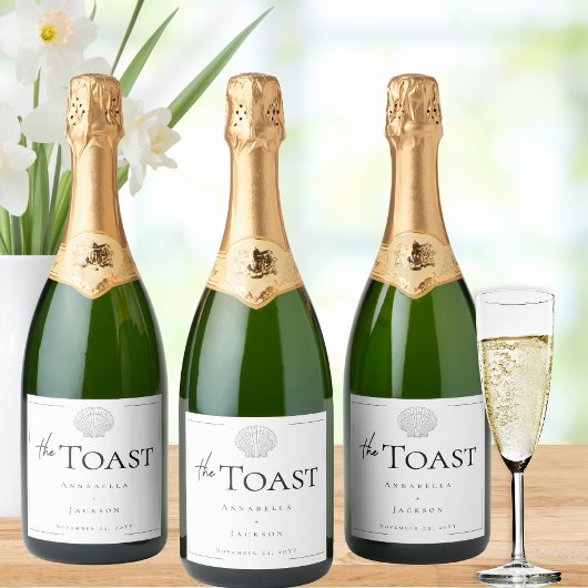 Minimale Typografie Zwart & Wit Zeeschelp Trouwen Sparkling Wijnetiket