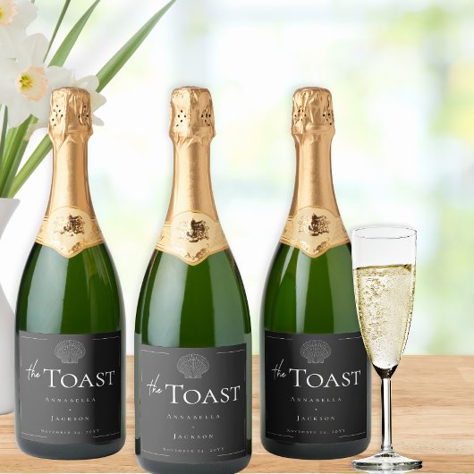 Minimale Typografie Zwart & Wit Zeeschelp Trouwen Sparkling Wijnetiket