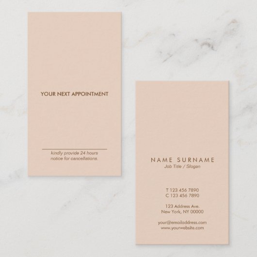 Minimale typografische peach Vertical Appointcard Visitekaartje (Voorkant / Achterkant)