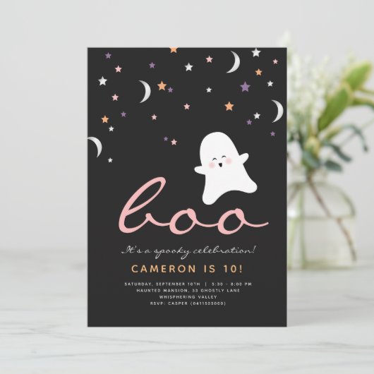 Minimale uitnodiging Boo Cute Ghost Halloween (Staand voorkant)