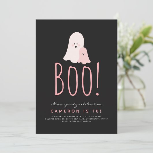 Minimale uitnodiging Boo Cute Ghost Halloween (Staand voorkant)