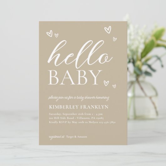Minimale uitnodiging Hallo Baby shower (Staand voorkant)