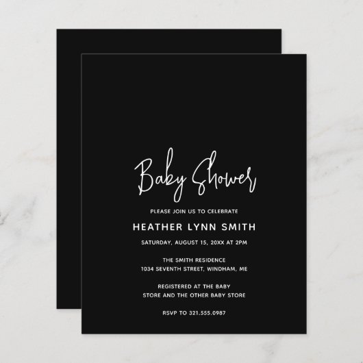 Minimale uitnodiging tot Baby shower voor zwarte b (Voorkant / Achterkant)