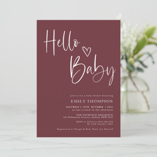 Minimale uitnodiging tot het Baby shower Burgundy (Staand voorkant)
