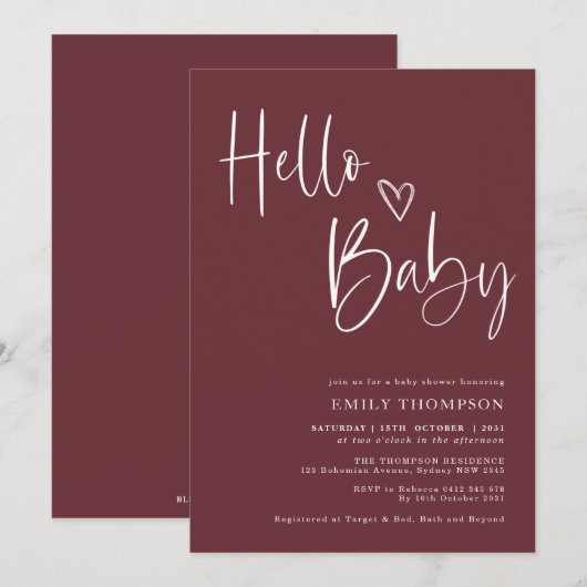 Minimale uitnodiging tot het Baby shower Burgundy (Voorkant / Achterkant)