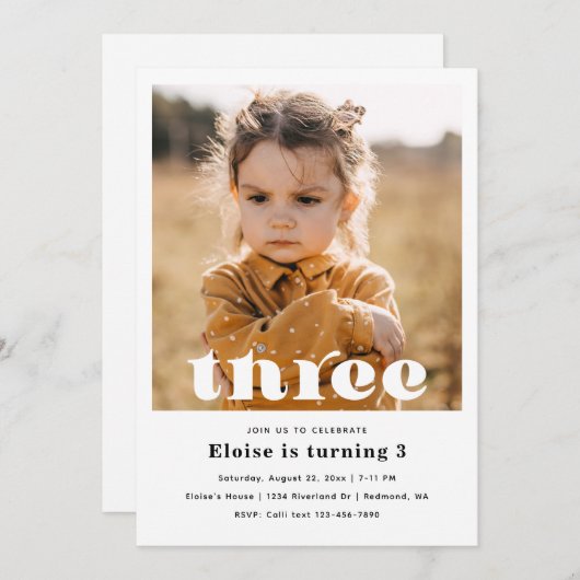 Minimale uitnodiging voor 3de verjaardag | 3e verj (Voorkant / Achterkant)