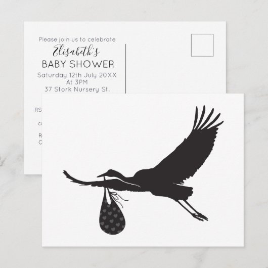 Minimale uitnodiging voor Baby shower Cute Stork U (Voorkant / Achterkant)
