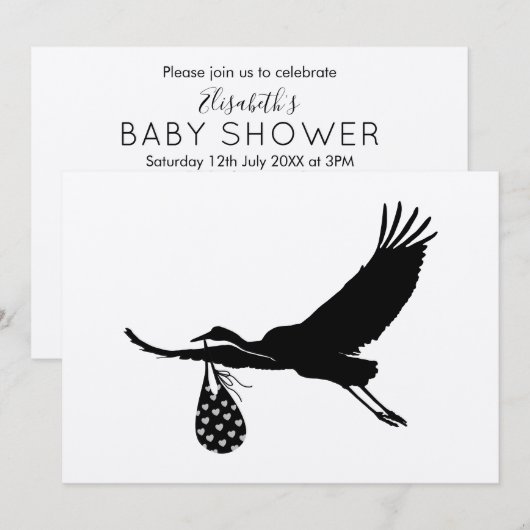 Minimale uitnodiging voor Baby shower Cute Stork U (Voorkant / Achterkant)