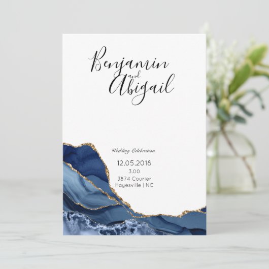 Minimale uitnodiging voor blauwe en goudbruine bru (Staand voorkant)