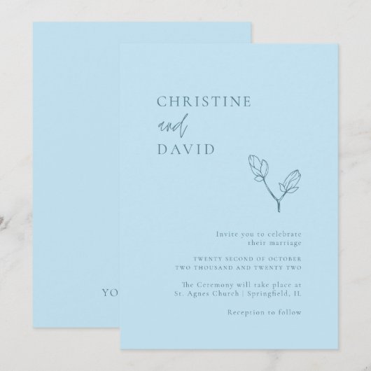 Minimale uitnodiging voor Bohemian Soft Blue Weddi (Voorkant / Achterkant)