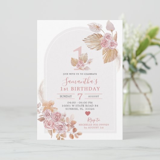 Minimale uitnodiging voor Boho Pink Arch 1e verjaa (Staand voorkant)